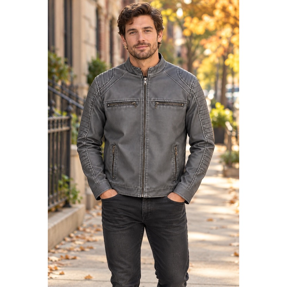 Stone Falcon Mens Moto Jacket Gray Quilted Shoulder Cafe Racer Size Large